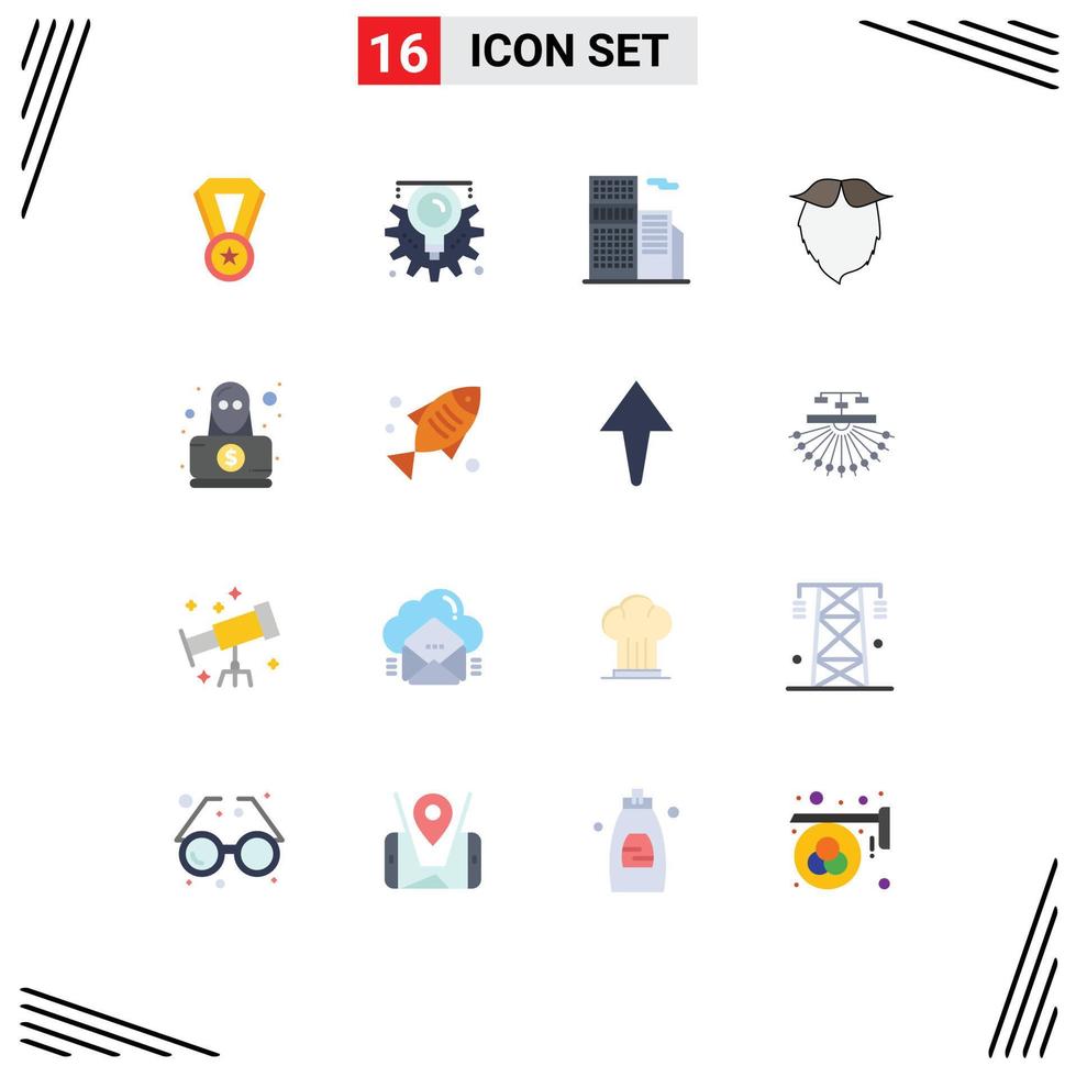 16 Universal Flat Color Signs Symbols of hacker men estate beared hipster Editable Pack of Creative Vector Design Elements