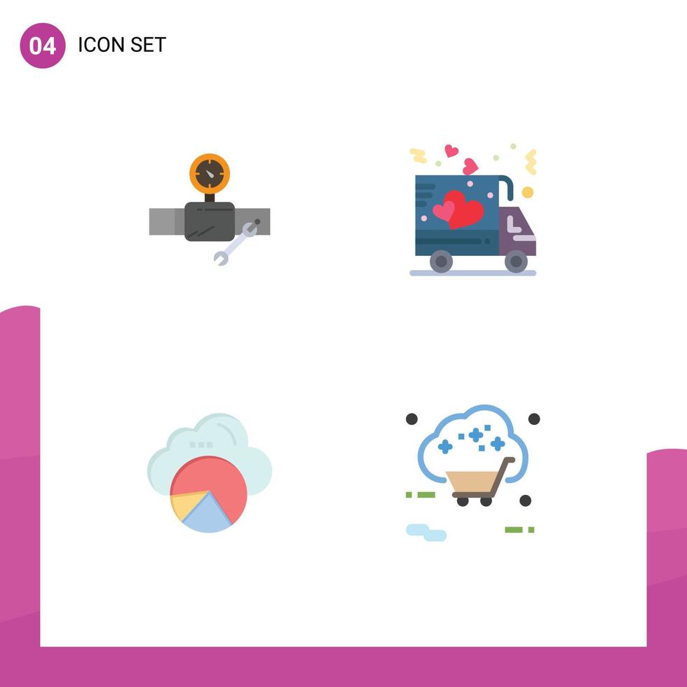 conjunto de 4 iconos planos vectoriales en la cuadrícula para la reparación de informes de tuberías, datos de amor, elementos de diseño vectorial editables vector