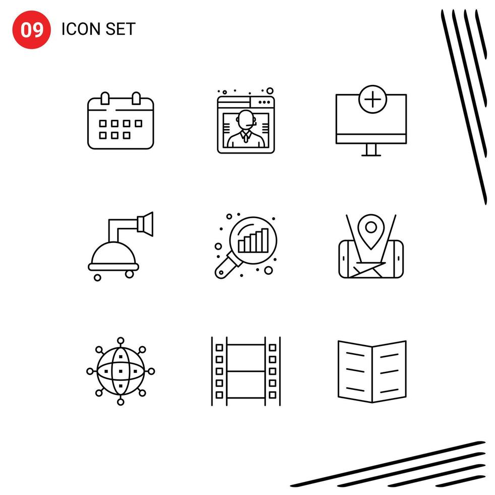 Set of 9 Vector Outlines on Grid for data analyzing clean support bathroom gadget Editable Vector Design Elements