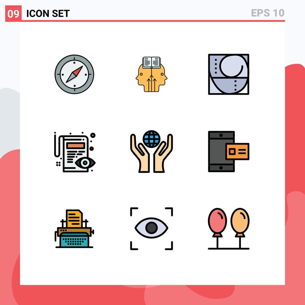 Modern Set of 9 Filledline Flat Colors Pictograph of hands view golden ratio pencil document Editable Vector Design Elements