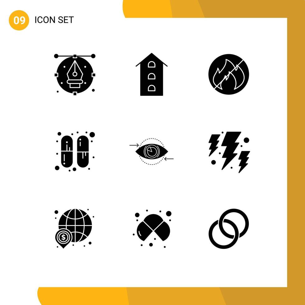 conjunto moderno de 9 pictogramas de glifos sólidos de tiendas de pastillas para los ojos medicina sin elementos de diseño vectorial editables vector