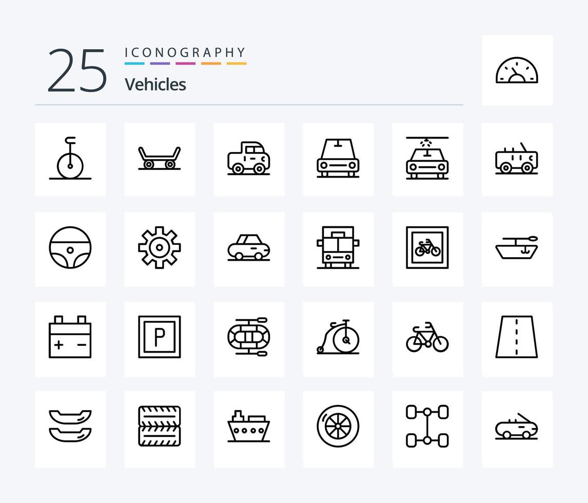 Vehicles 25 Line icon pack including steering. military. car. jeep. wash vector