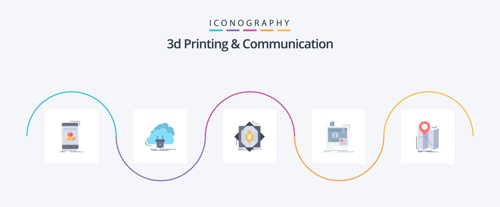 Paquete de 5 iconos planos de impresión y comunicación en 3d, incluida la máquina. 3d. red. formando fabricación vector