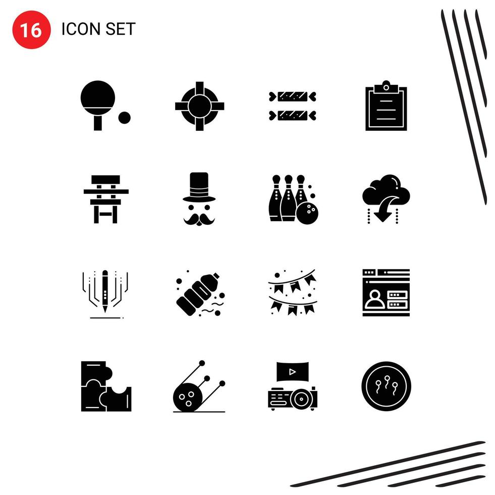 Set of 16 Commercial Solid Glyphs pack for moustache education holiday desk chair Editable Vector Design Elements