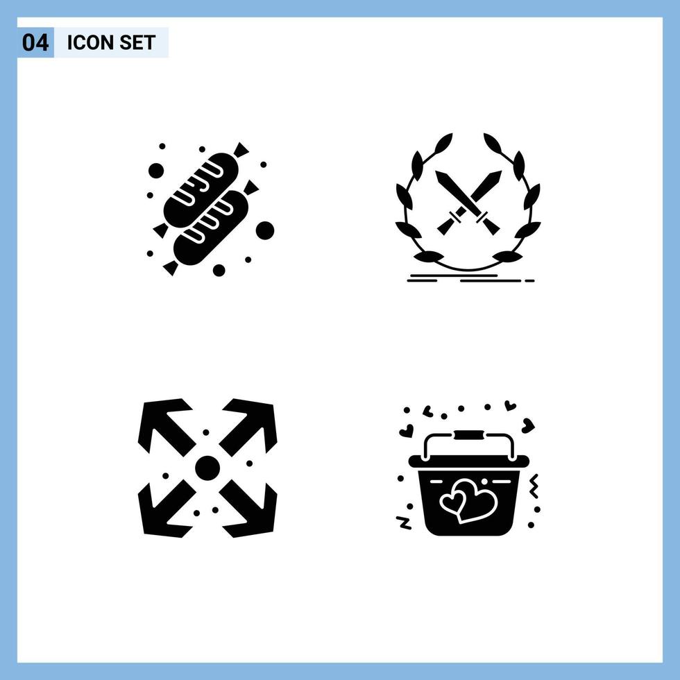 conjunto moderno de 4 pictogramas de glifos sólidos de pan agrandar cesta de etiquetas de batalla elementos de diseño de vectores editables