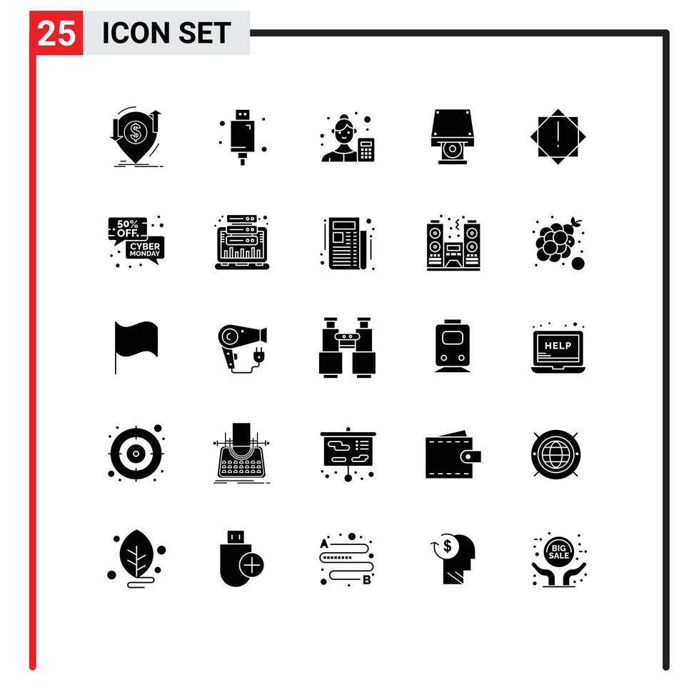 25 User Interface Solid Glyph Pack of modern Signs and Symbols of data storage dvd electronic data scientist analyzer Editable Vector Design Elements