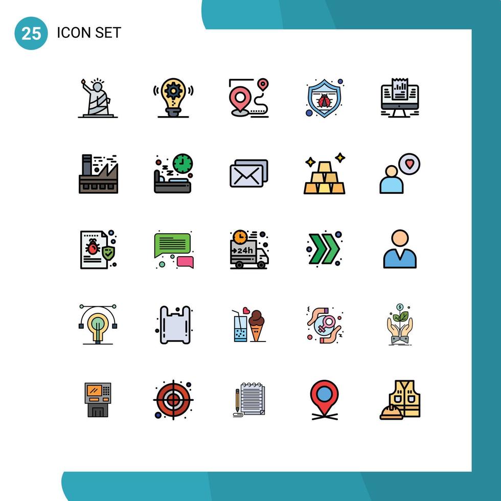 25 User Interface Filled line Flat Color Pack of modern Signs and Symbols of bug seo setting protection destination Editable Vector Design Elements