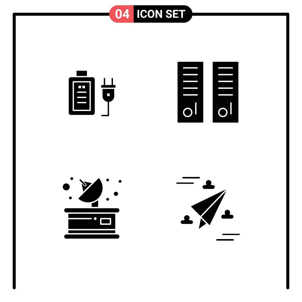 Solid Glyph Pack of 4 Universal Symbols of battery communication education lockers room parabolic Editable Vector Design Elements