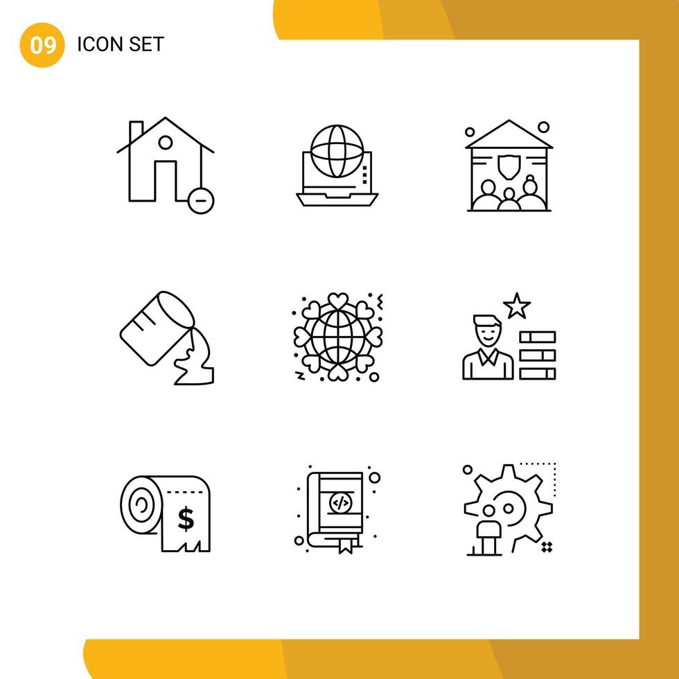 9 Universal Outlines Set for Web and Mobile Applications globe water connection glass insurance Editable Vector Design Elements