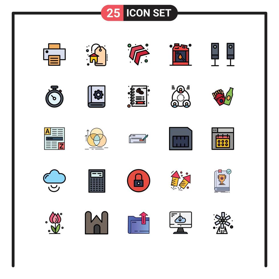 Filled line Flat Color Pack of 25 Universal Symbols of compass sound left electric liquid Editable Vector Design Elements