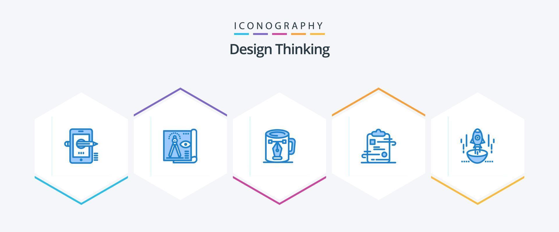 Design Thinking 25 paquete de iconos azules que incluye una lista de verificación. portapapeles. papel. nodos. dibujo vector