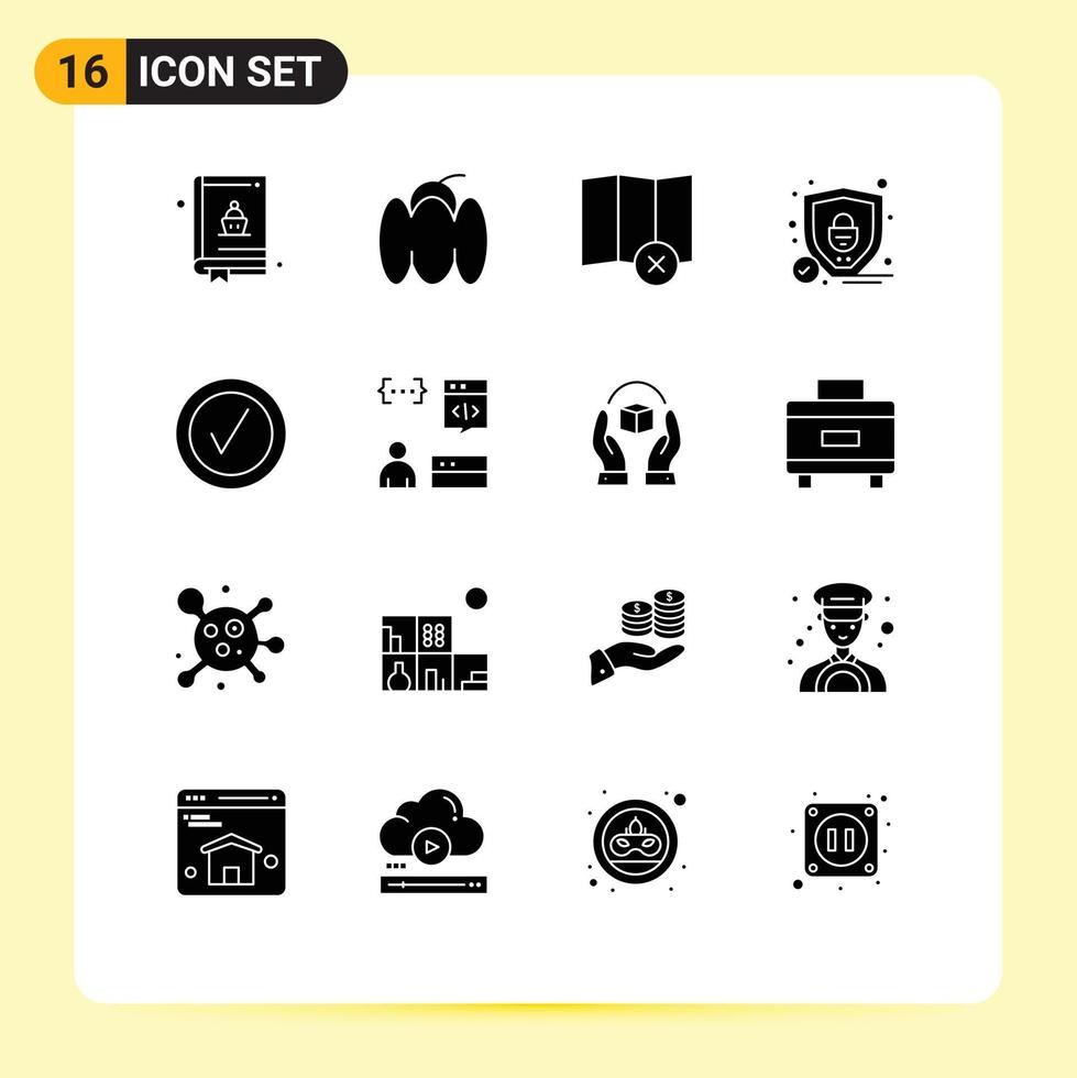 Set of 16 Vector Solid Glyphs on Grid for coding tick delete good shield Editable Vector Design Elements