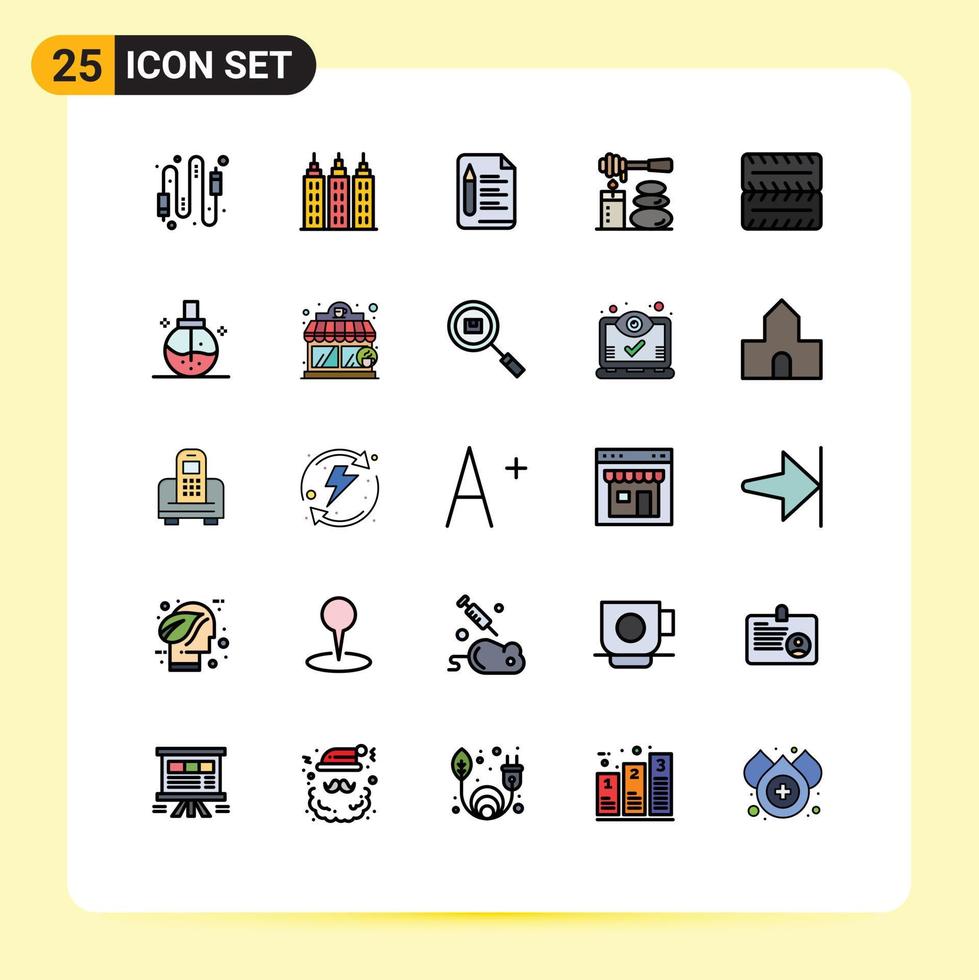 25 líneas llenas de interfaz de usuario, paquete de color plano de signos y símbolos modernos de vehículos, archivos de piedras, masajes de spa, elementos de diseño de vectores editables