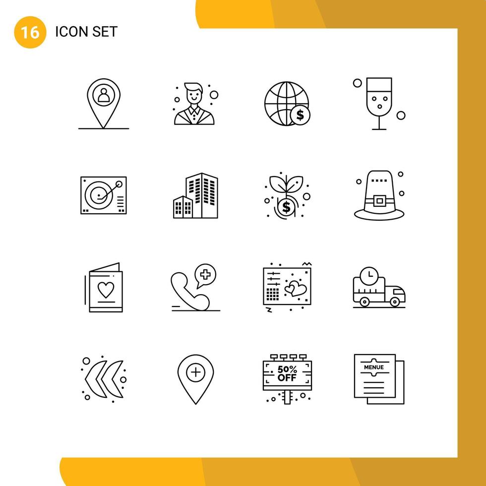 16 User Interface Outline Pack of modern Signs and Symbols of deck food globe drinking cup Editable Vector Design Elements