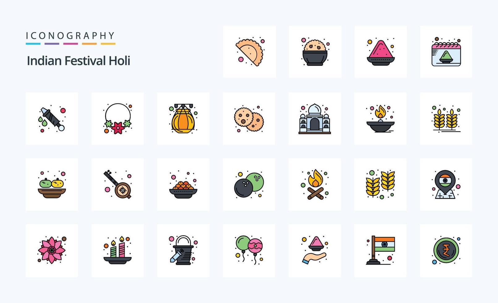 25 Holi Line Filled Style icon pack vector