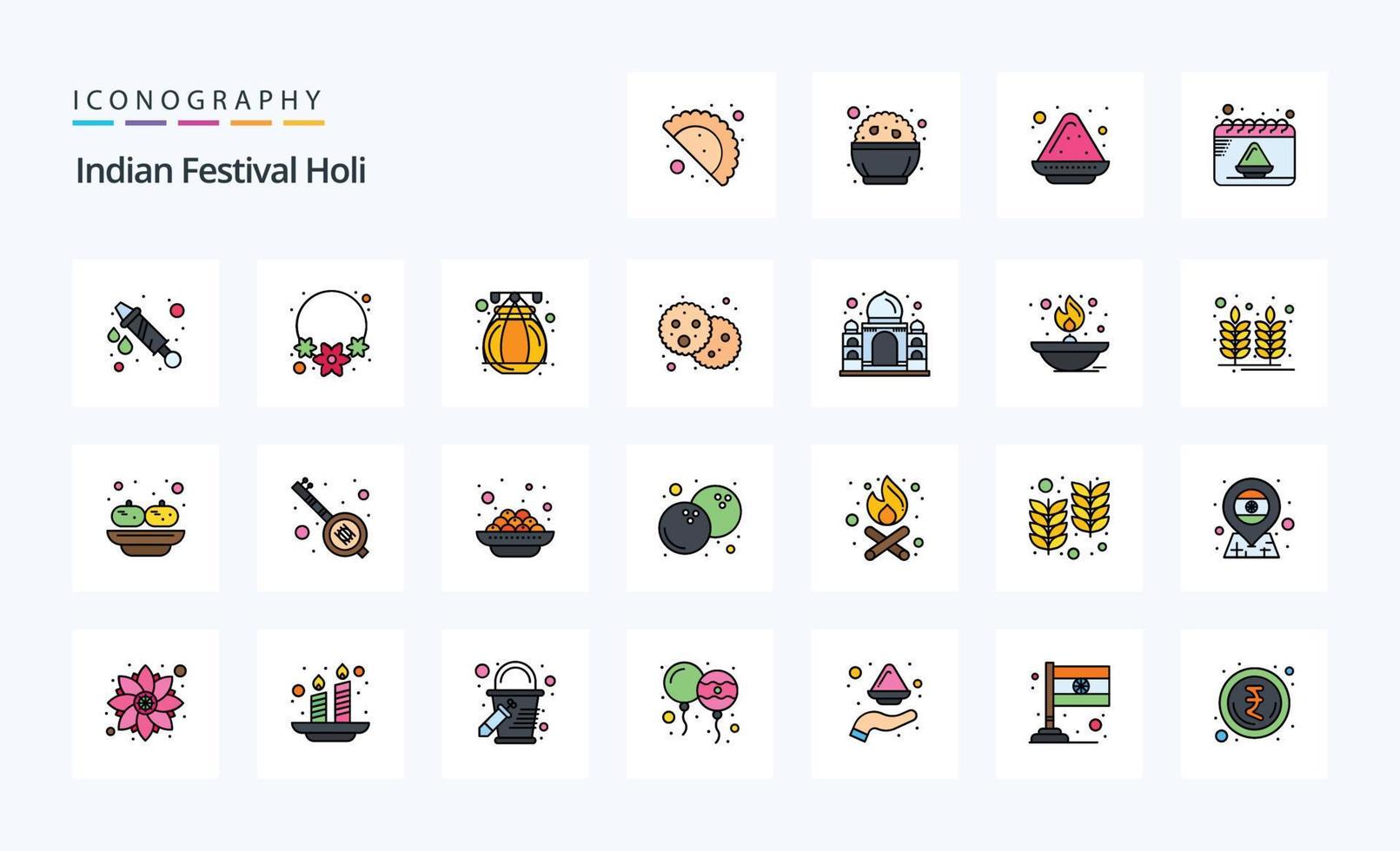 paquete de iconos de estilo lleno de línea de 25 holi vector