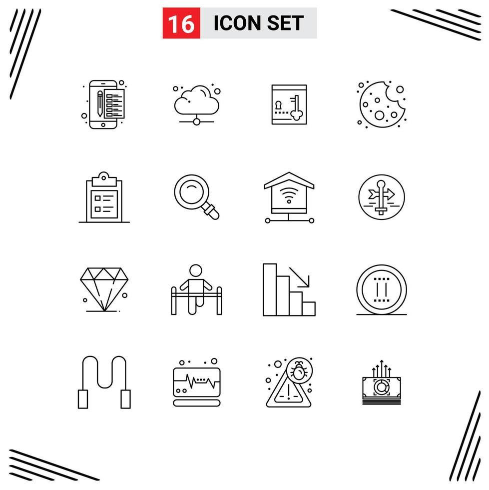 Mobile Interface Outline Set of 16 Pictograms of clipboard food online cookie key Editable Vector Design Elements