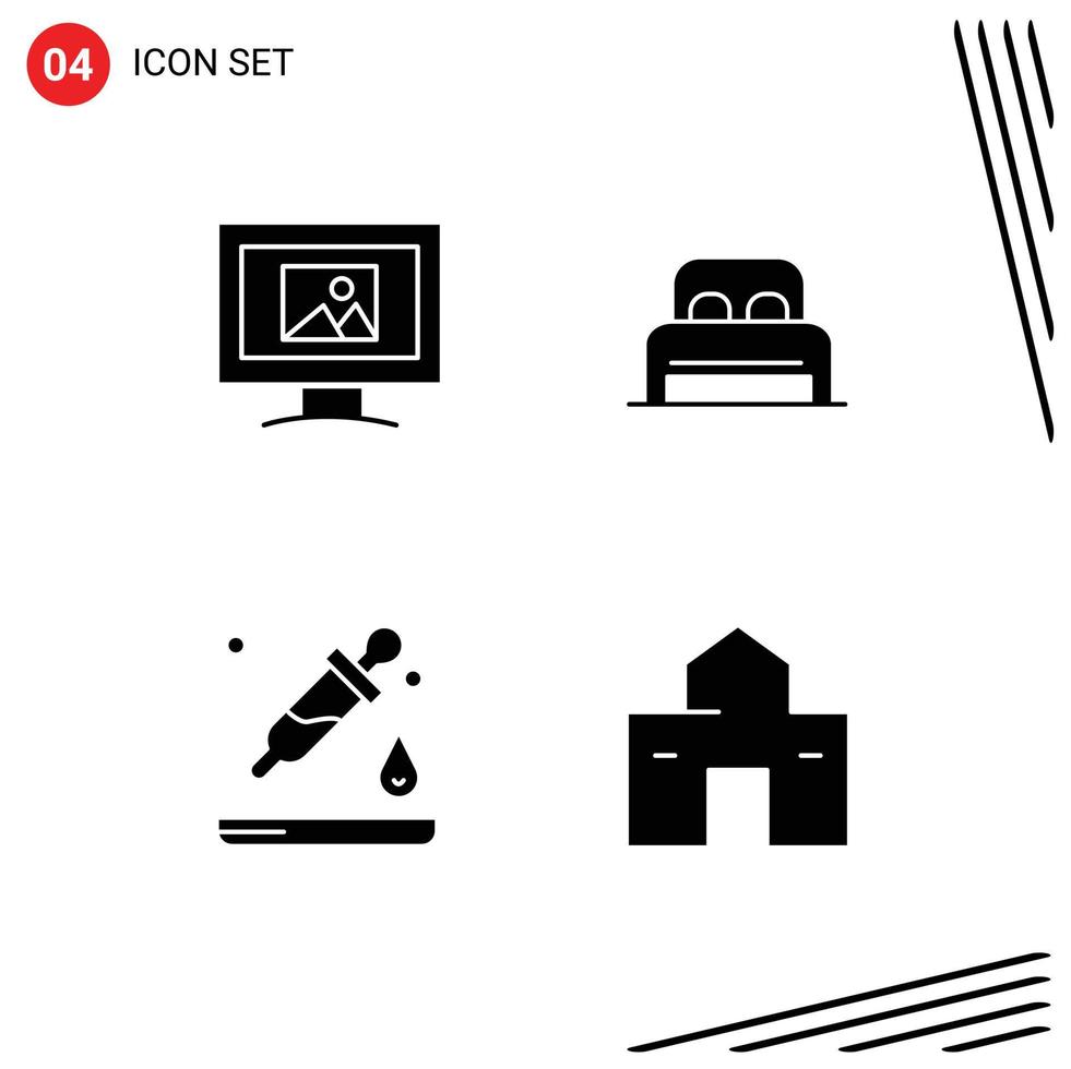 4 User Interface Solid Glyph Pack of modern Signs and Symbols of monitor pipette bed hotel building Editable Vector Design Elements