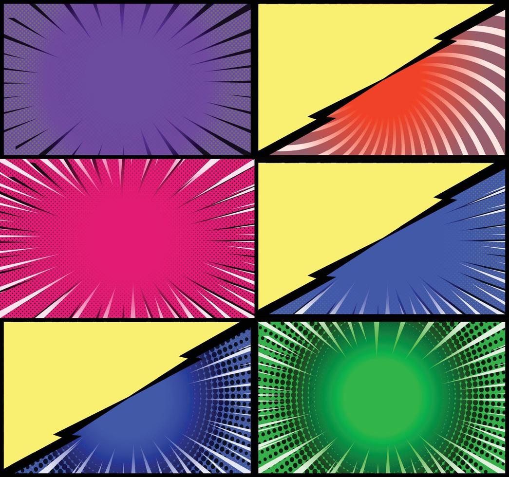 Comic book colorful frames background with halftone rays radial and dotted effects pop art style vector