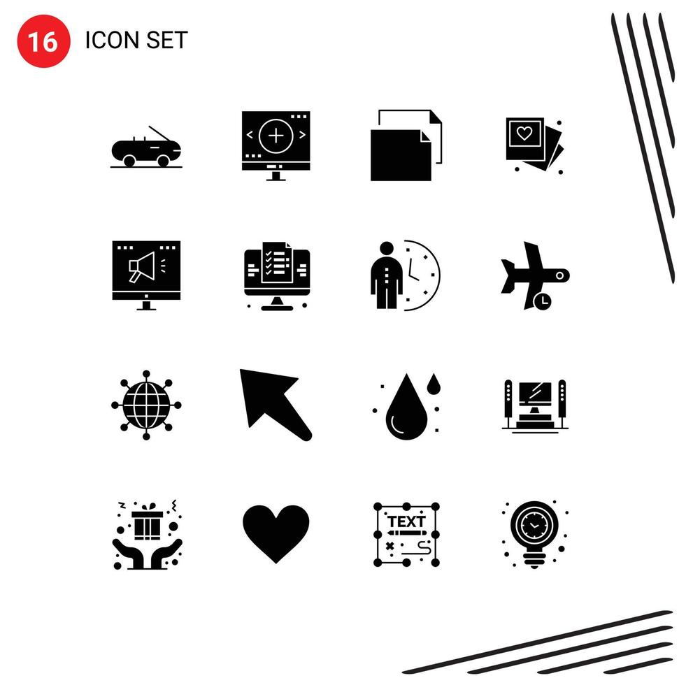 Modern Set of 16 Solid Glyphs Pictograph of online advertising document ad love Editable Vector Design Elements