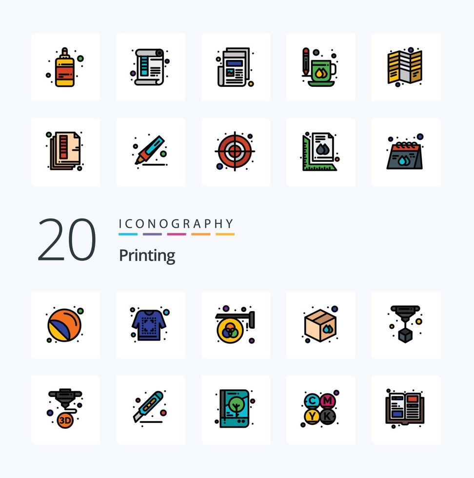 20 Printing Line Filled Color icon Pack like print goods sketch box palette vector