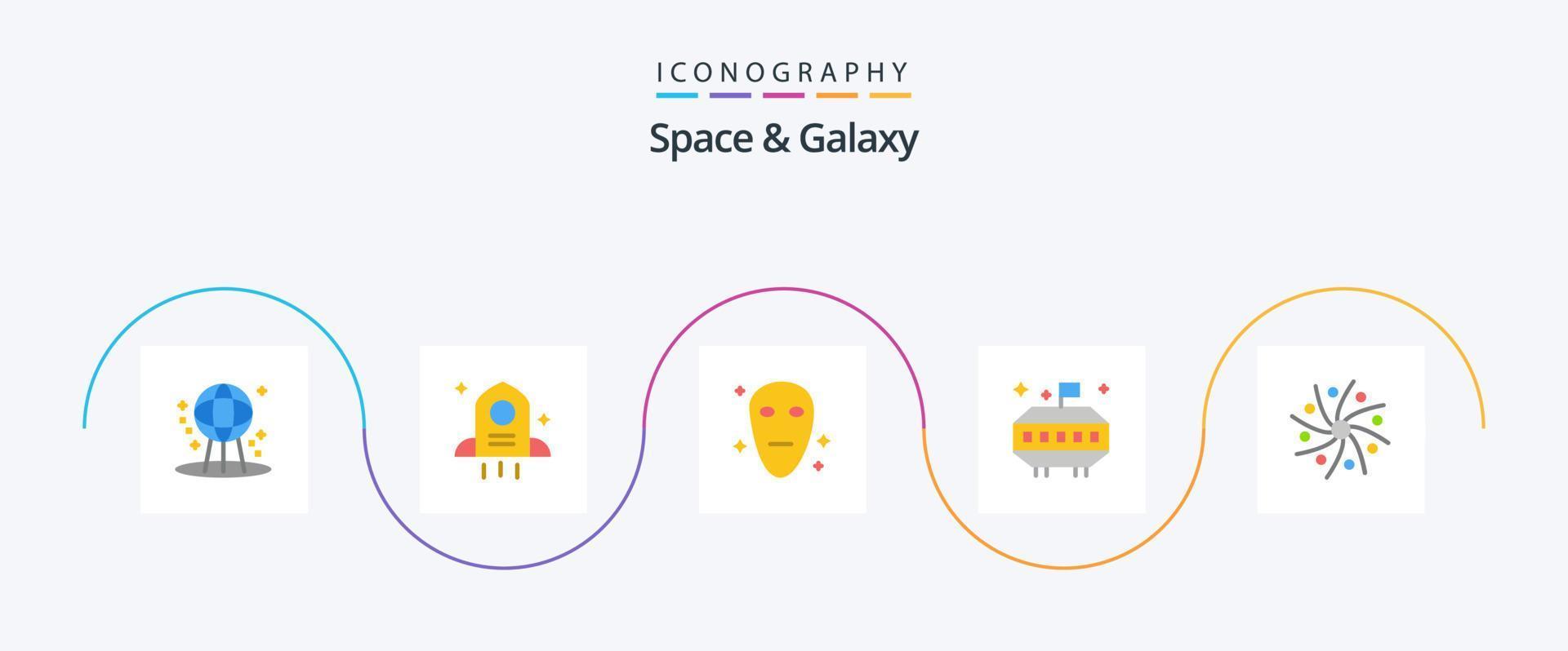 paquete de iconos de espacio y galaxia plana 5 que incluye universo. planeta. galaxia. galaxia. OVNI vector