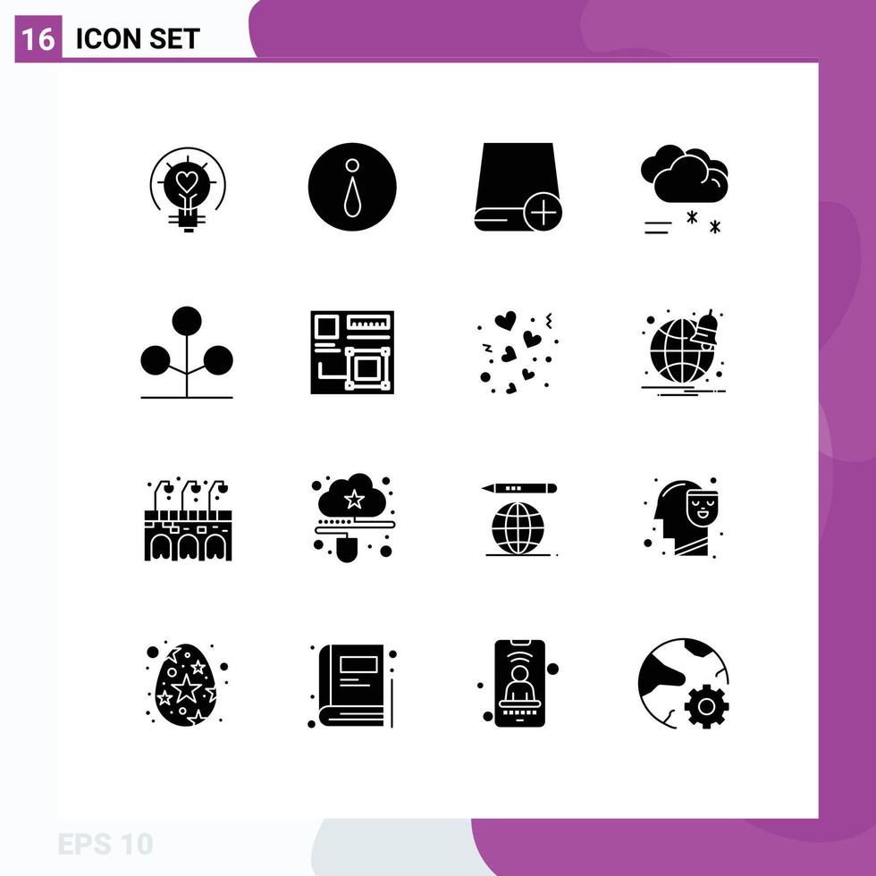 Pictogram Set of 16 Simple Solid Glyphs of forest raining add forecast gadget Editable Vector Design Elements