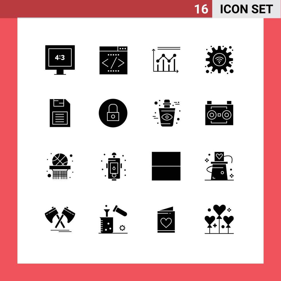 User Interface Pack of 16 Basic Solid Glyphs of memory chip wifi chart settings gear Editable Vector Design Elements