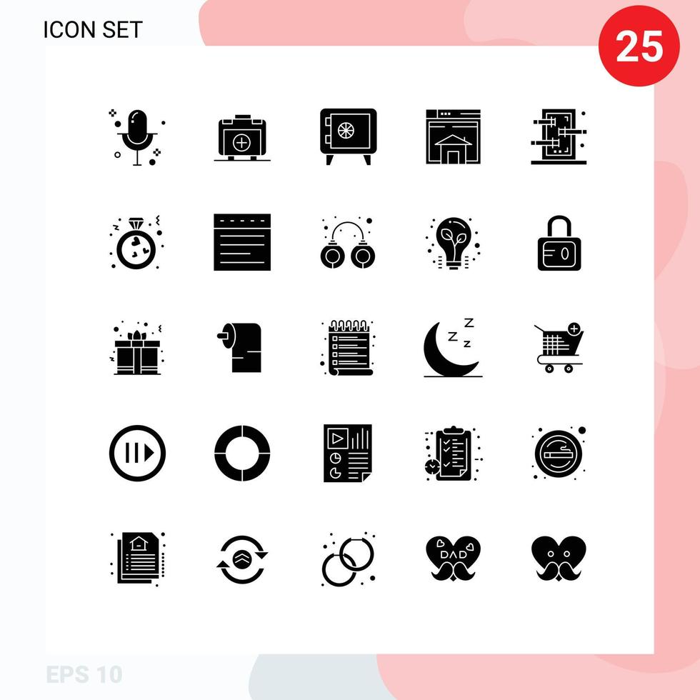 Pack of 25 creative Solid Glyphs of box page money layout sell Editable Vector Design Elements