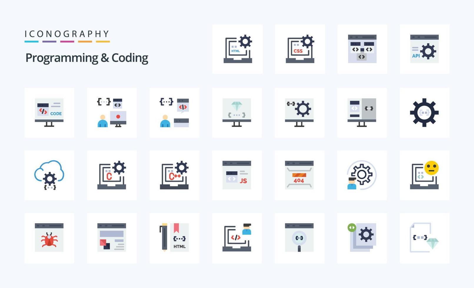 25 paquete de iconos de color plano de programación y codificación vector