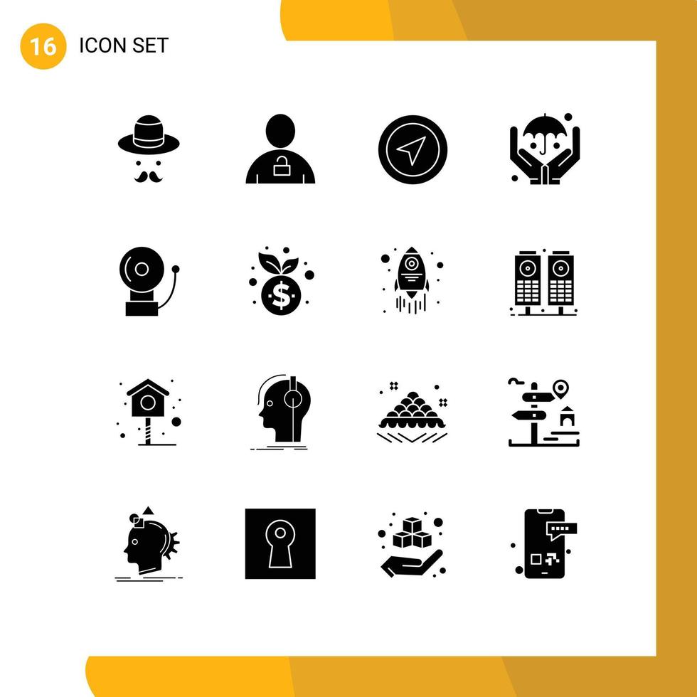 Pack of 16 creative Solid Glyphs of bell safe unlocked insurance pin Editable Vector Design Elements