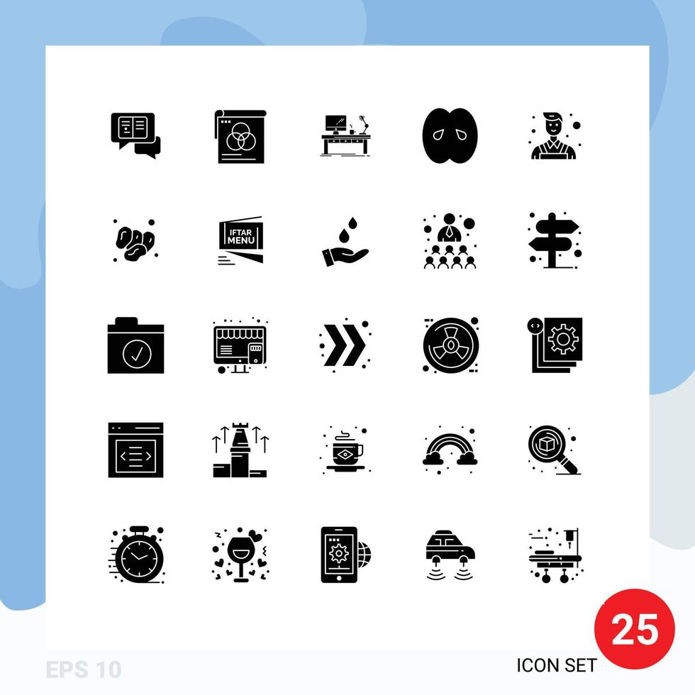 25 User Interface Solid Glyph Pack of modern Signs and Symbols of grocery drink workplace table lamp Editable Vector Design Elements