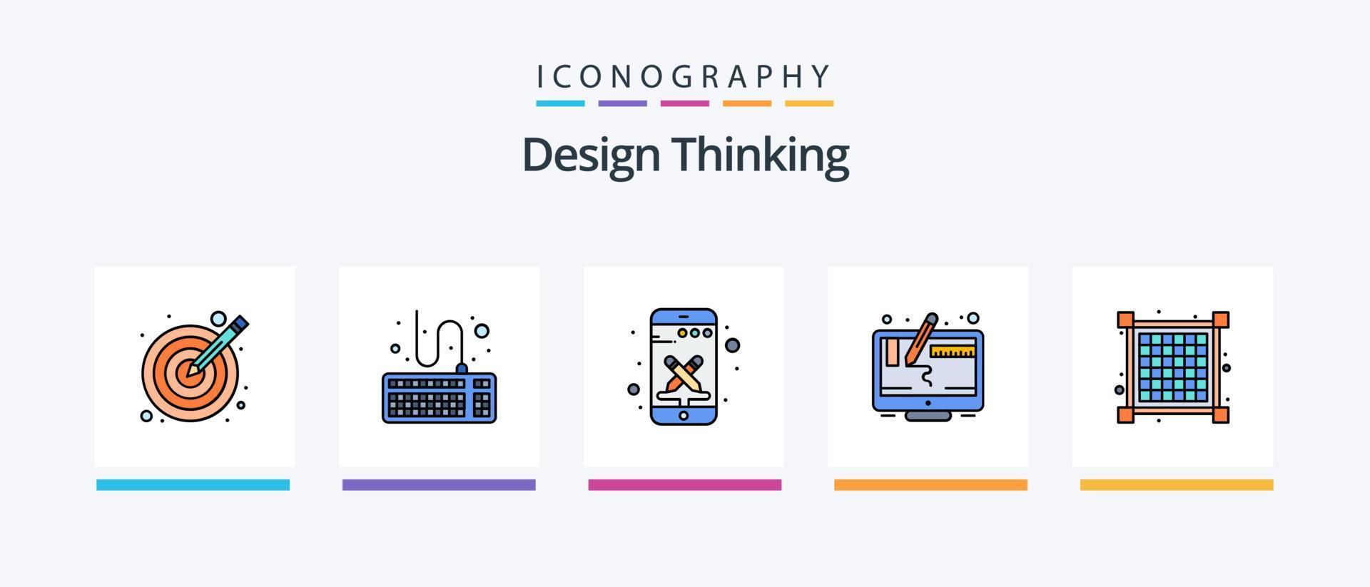 Design Thinking Line Filled 5 Icon Pack Including idea. brainstorming. gear. brain. design. Creative Icons Design vector