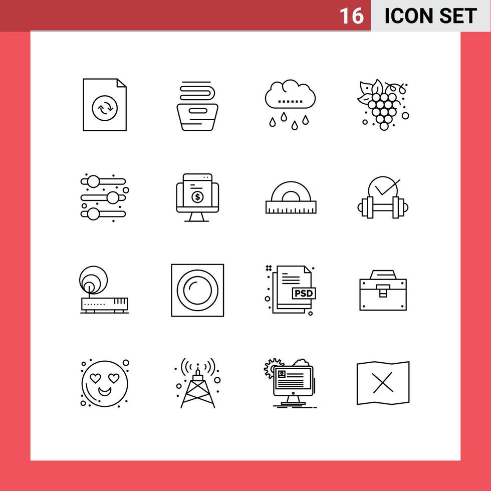 Set of 16 Modern UI Icons Symbols Signs for payment adjust rain organic fruit Editable Vector Design Elements