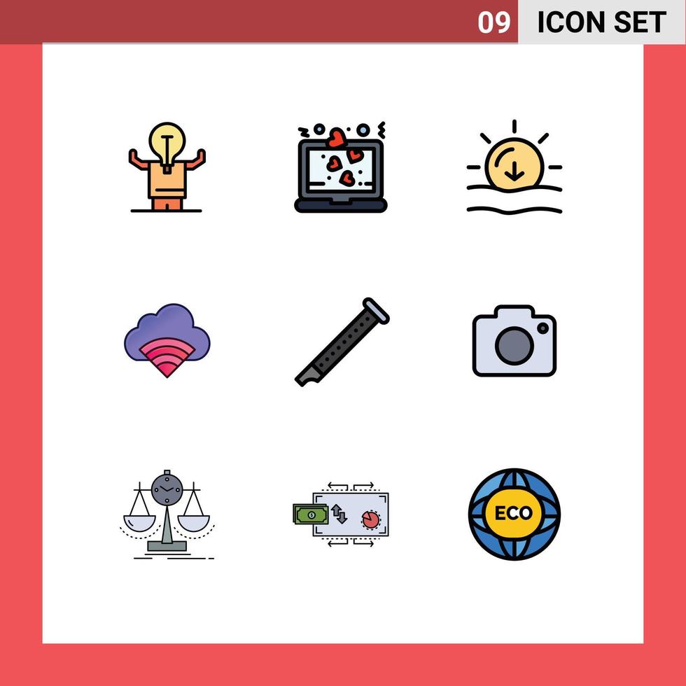 Pack of 9 creative Filledline Flat Colors of audio wifi romance connection weather Editable Vector Design Elements