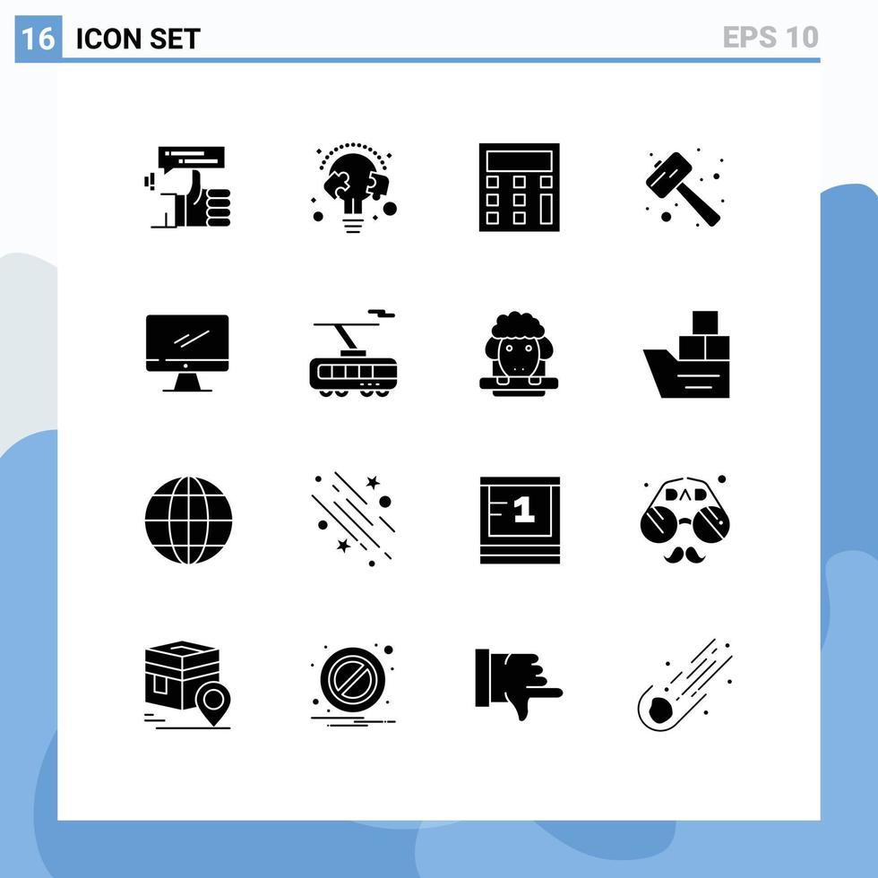 Modern Set of 16 Solid Glyphs Pictograph of watch kit pound puzzle mallet math Editable Vector Design Elements