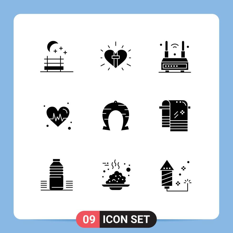 Mobile Interface Solid Glyph Set of 9 Pictograms of horseshoe festival router beat diet Editable Vector Design Elements