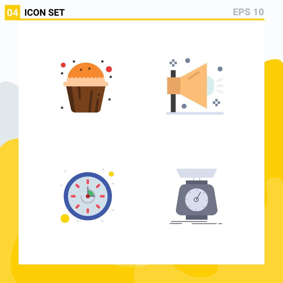 Set of 4 Vector Flat Icons on Grid for cake clock muffin sweet optimization watch Editable Vector Design Elements