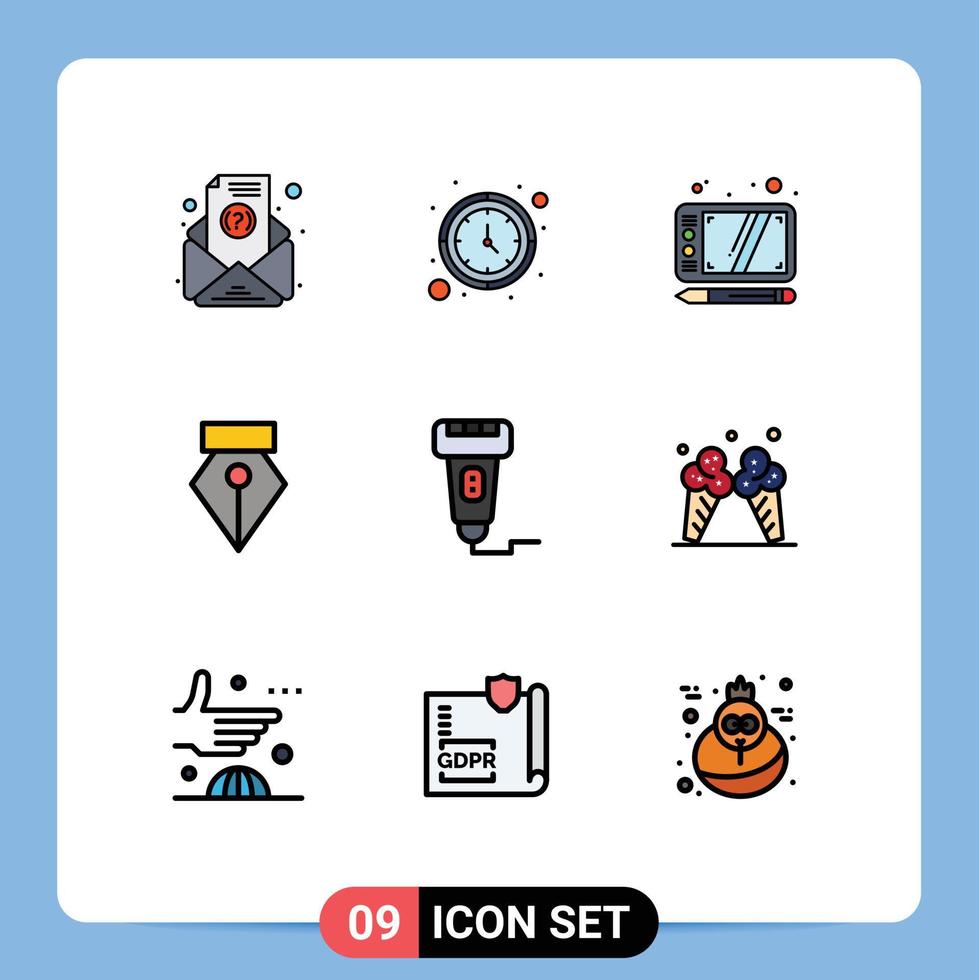 Pack of 9 creative Filledline Flat Colors of scanner payment draw machine photo Editable Vector Design Elements