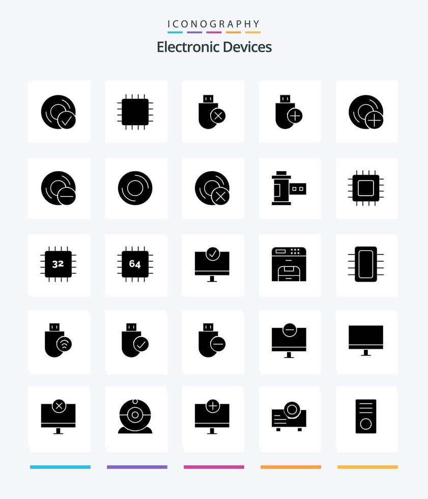 Paquete de iconos de 25 glifos negros sólidos de dispositivos creativos, como dispositivos. agregar. artilugio. vara. hardware vector