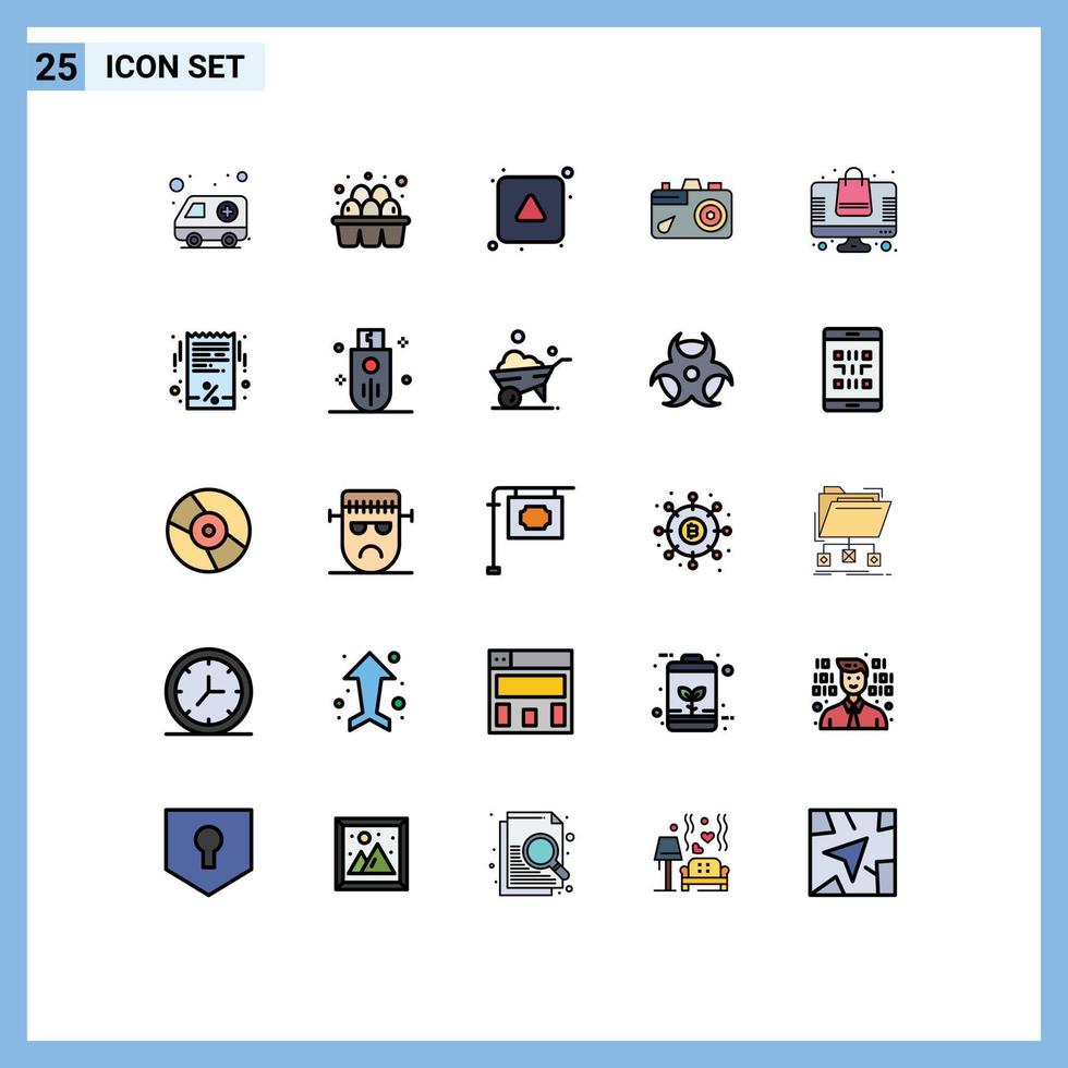 paquete de 25 signos y símbolos modernos de colores planos de línea rellena para medios de impresión web, como elementos de diseño vectorial editables de cámara de imagen de alineación de imagen en línea vector