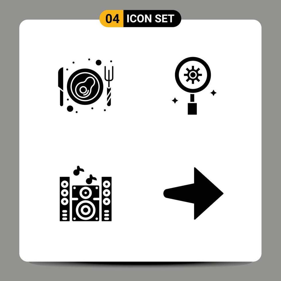 conjunto de glifos sólidos de interfaz móvil de 4 pictogramas de ajuste de búsqueda de altavoz de tocino elementos de diseño de vector editables a la derecha