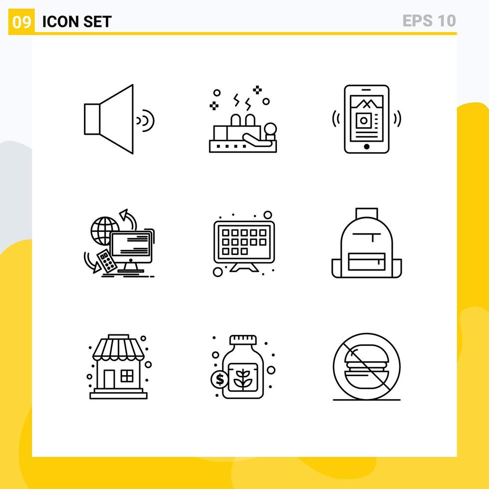 Set of 9 Commercial Outlines pack for tv screen internet app security monitoring Editable Vector Design Elements