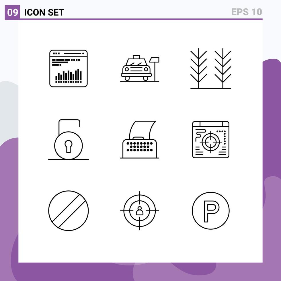 Universal Icon Symbols Group of 9 Modern Outlines of text cinema script cereal security lock pad Editable Vector Design Elements