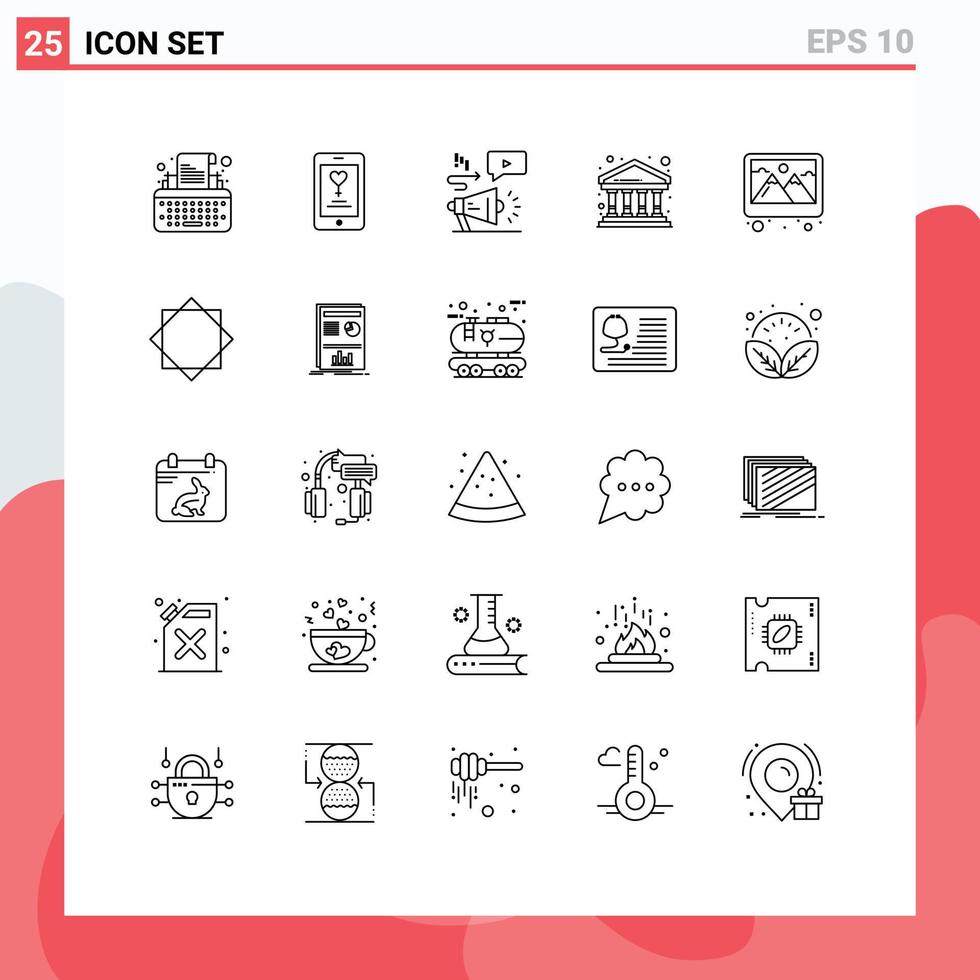 Line Pack of 25 Universal Symbols of photo building advertising finance bank Editable Vector Design Elements