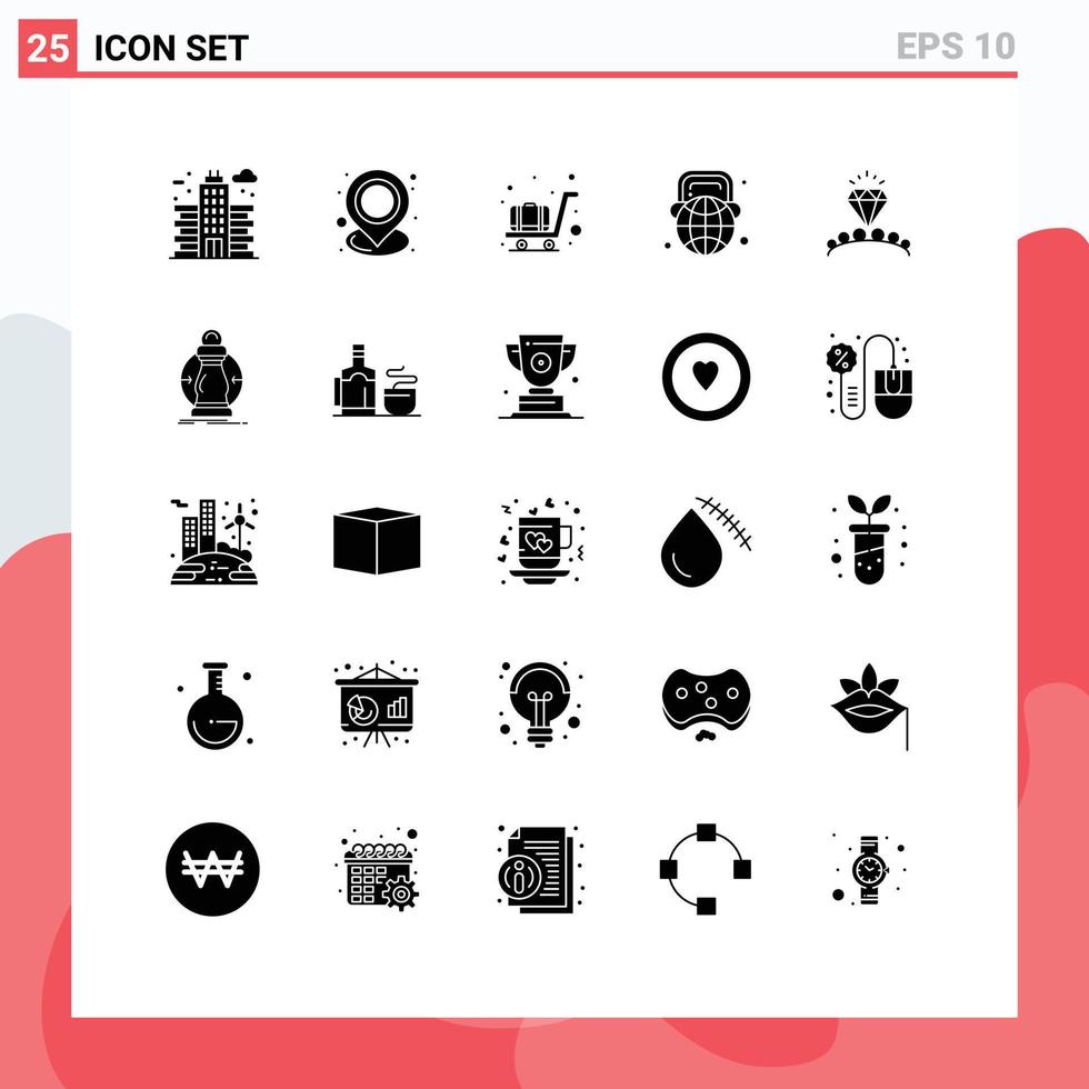 Set of 25 Vector Solid Glyphs on Grid for diamond world point learning education Editable Vector Design Elements