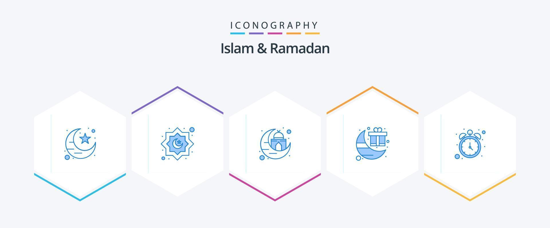 Islam y Ramadán 25 paquete de iconos azules que incluye la hora. Ramadán. edificio. luna. celebracion vector