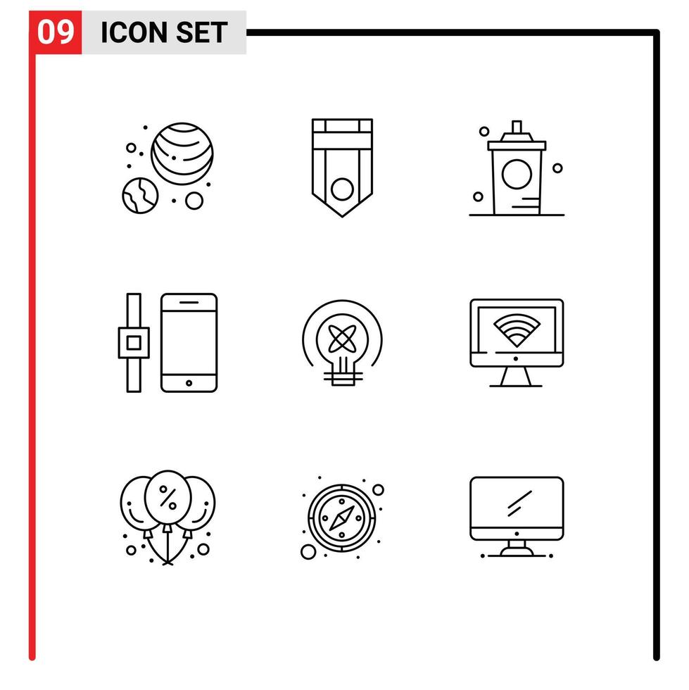 Mobile Interface Outline Set of 9 Pictograms of light smartphone coffee smart watch shop Editable Vector Design Elements