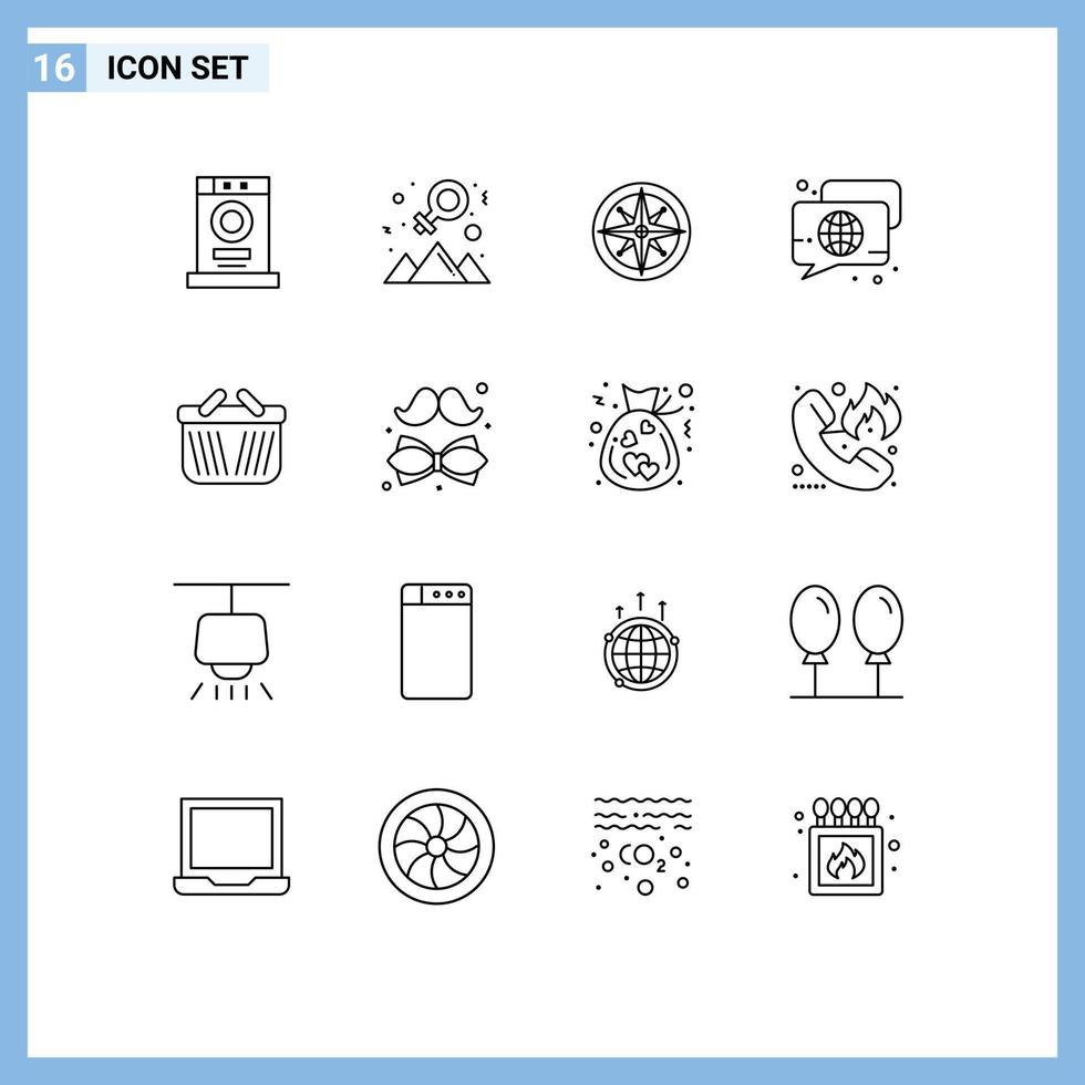 Set of 16 Modern UI Icons Symbols Signs for talk globe compass chat position Editable Vector Design Elements