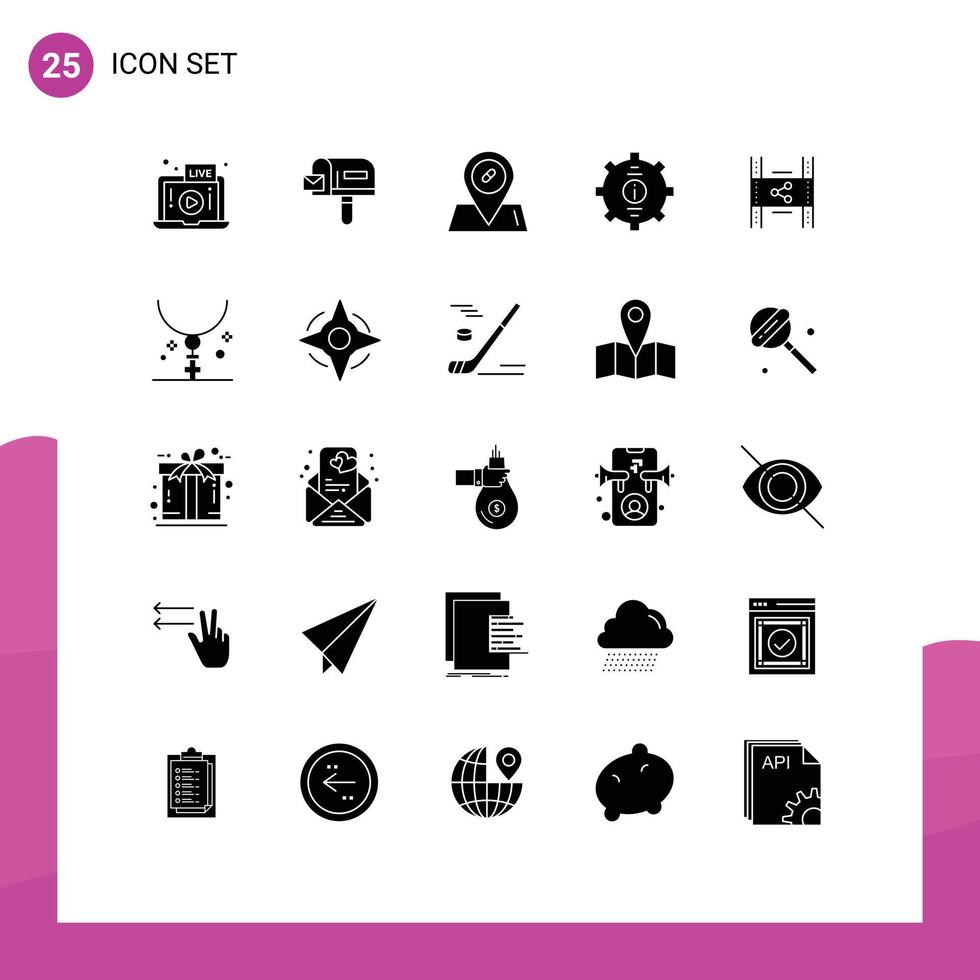 Pack of 25 creative Solid Glyphs of movie distribution location support help Editable Vector Design Elements